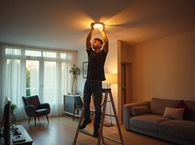 Handwerker montiert von einer Trittleiter aus eine Deckenleuchte in einem Wohnzimmer