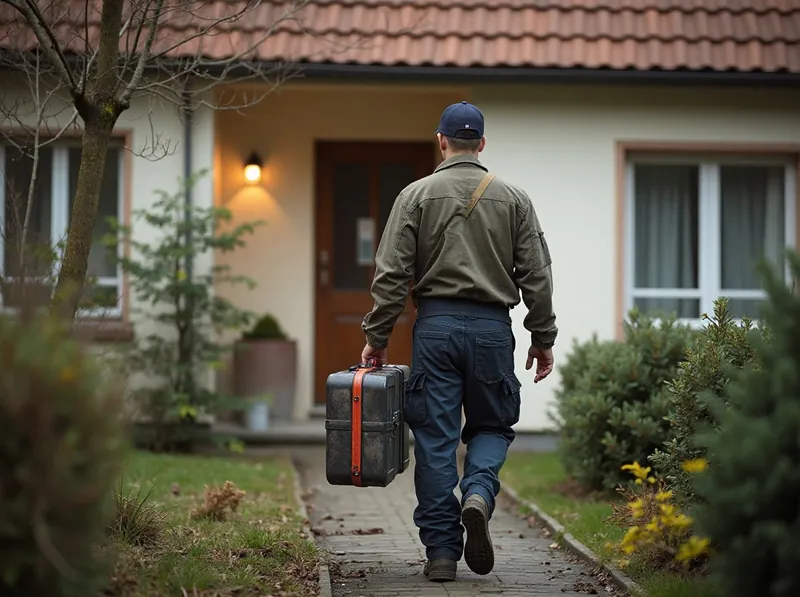Handwerker geht mit dem Werkzeugkoffer den Gartenweg zu einem Einfamilienhaus hinauf