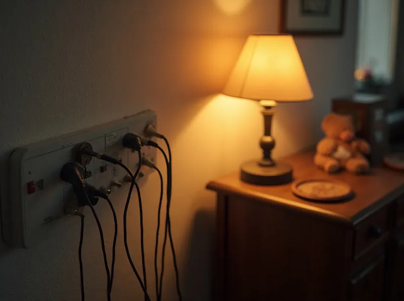 Mehrere Stecker in einer überbelegten Steckdosenleiste neben einer eingeschalteten Tischlampe