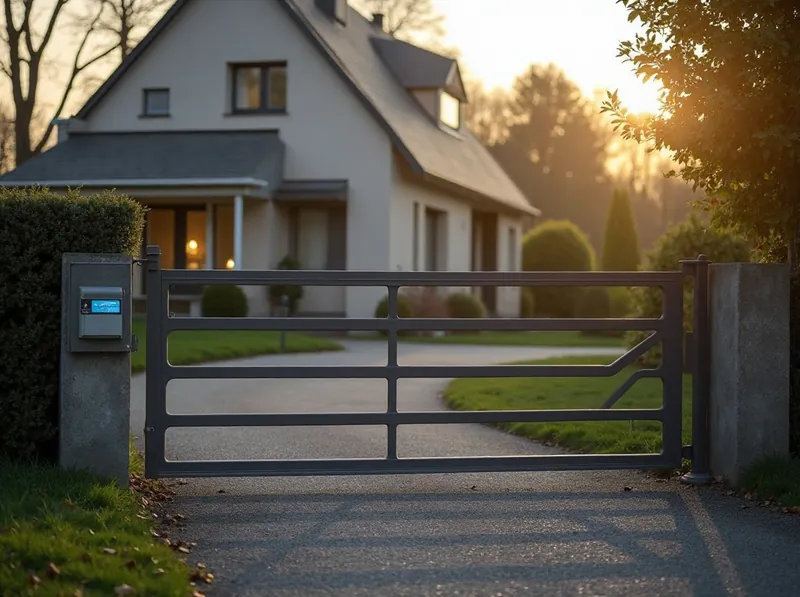 Elektrisch betriebenes Hoftor mit Bediensäule vor einem Einfamilienhaus im Abendlicht