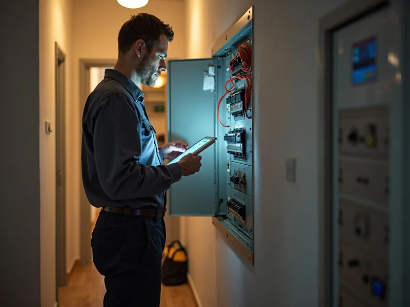 Elektriker steht mit einem Tablet in der Hand vor einem geöffneten Sicherungskasten im Hausflur