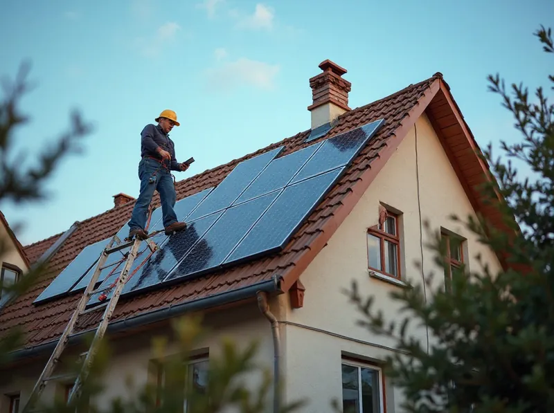 Handwerker montiert von einer Leiter aus Solarmodule auf einem Ziegeldach