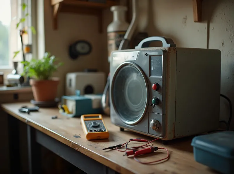 Altes Radiogerät auf einer Werkbank, daneben ein Multimeter mit Messleitungen