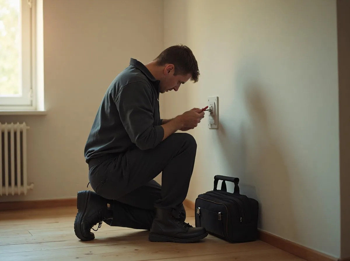 Elektriker prüft mit einem Messgerät die Unterverteilung im Flur einer Wohnung