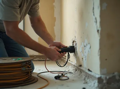 Handwerker fräst mit einer Mauernutfräse einen Kabelkanal in eine Wand, daneben liegt eine Kabeltrommel