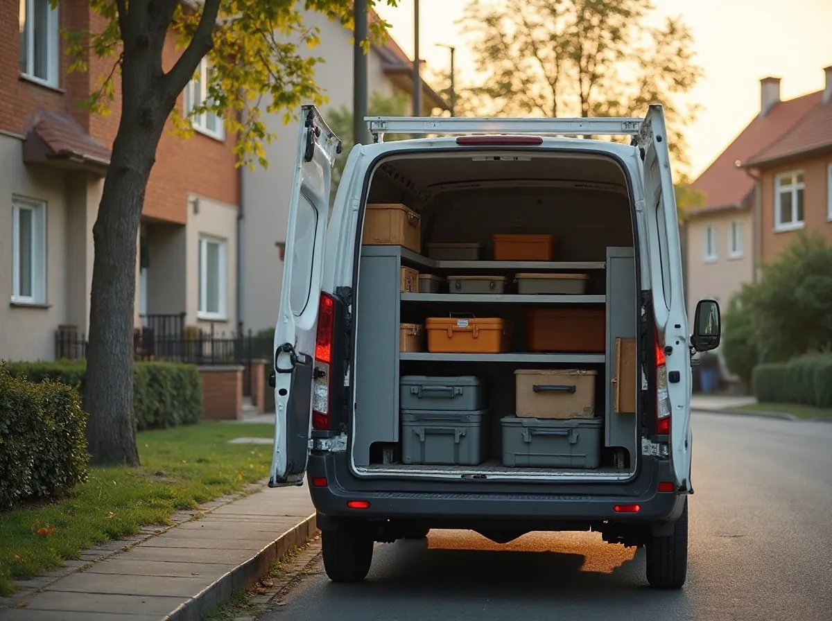 Servicetransporter mit geöffneten Hecktüren, im Laderaum sortierte Materialkisten