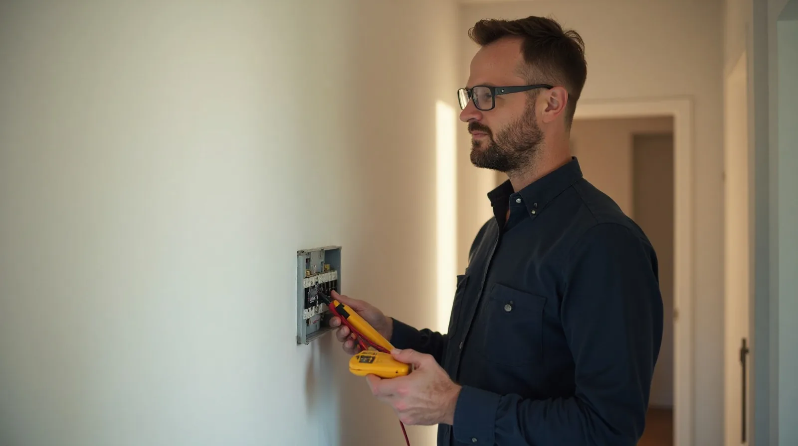 Elektriker prüft mit einem Messgerät die Unterverteilung im Flur einer Wohnung