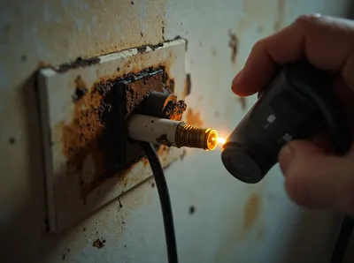 Stecker wird aus einer verschmorten, rußgeschwärzten Steckdose gezogen