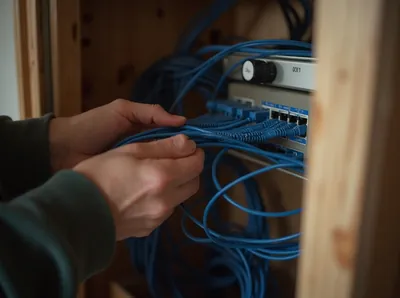 Blaue Netzwerkkabel werden in einen Verteiler in einem Wandschrank gesteckt