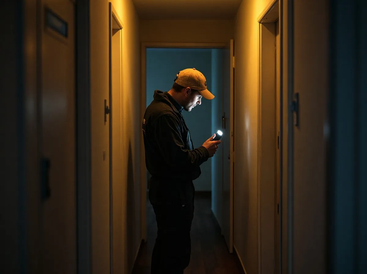 Elektriker prüft mit einem Messgerät die Unterverteilung im Flur einer Wohnung