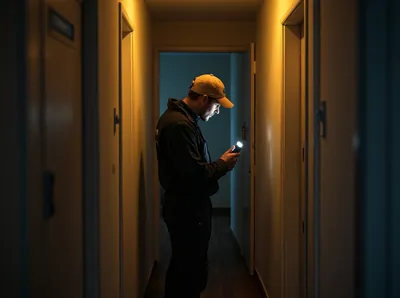 Handwerker leuchtet nachts mit einer Taschenlampe in einen stromlosen Hausflur