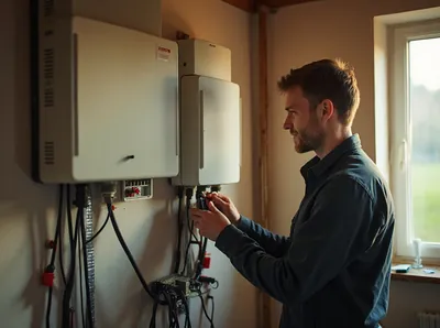 Elektriker prüft Wechselrichter und Verkabelung einer Photovoltaikanlage an der Kellerwand