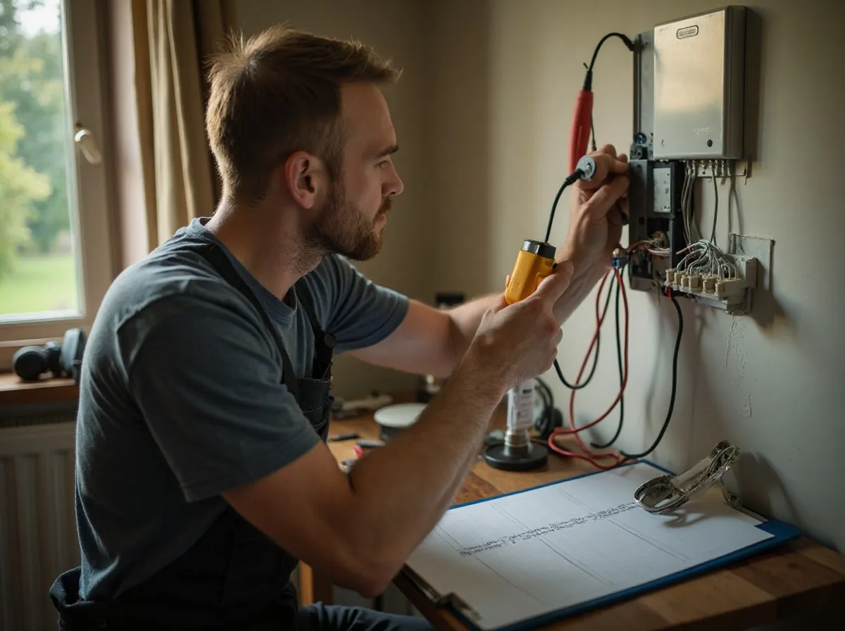 Elektriker misst mit einem Prüfgerät an einem Verteilerkasten, davor liegt das Prüfprotokoll