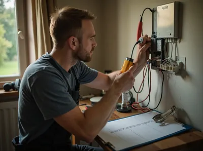 Elektriker misst mit einem Prüfgerät an einem Verteilerkasten, davor liegt das Prüfprotokoll