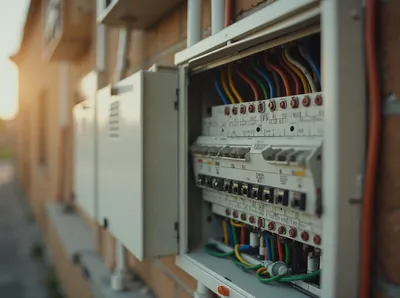 Geöffneter Zählerschrank mit einer Reihe Sicherungsautomaten und farbig sortierten Adern