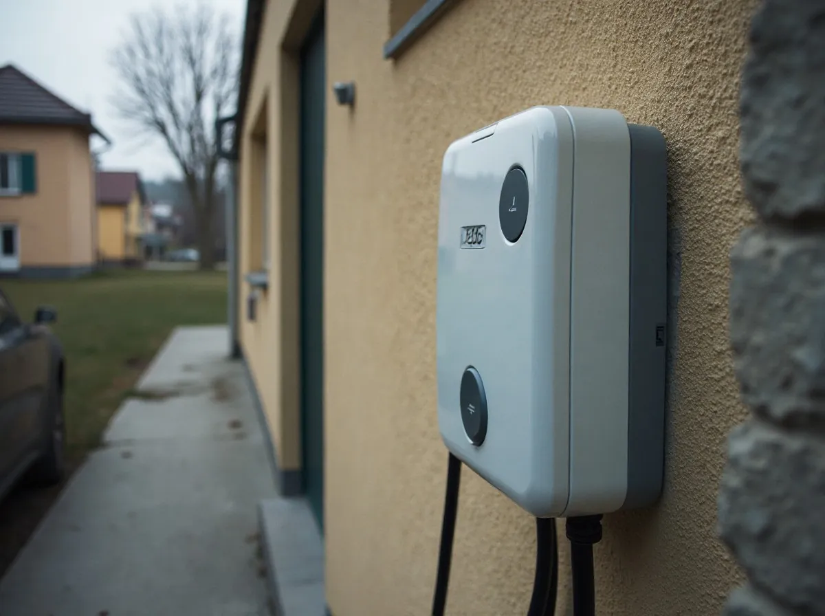 Weiße Wallbox mit zwei Ladekabeln an der Außenwand eines Wohnhauses neben der Einfahrt