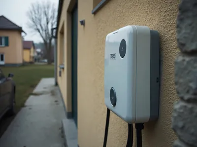 Weiße Wallbox mit zwei Ladekabeln an der Außenwand eines Wohnhauses neben der Einfahrt